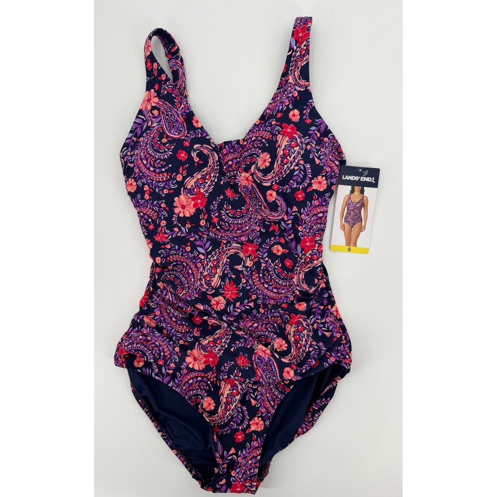 Lands' End Women Purple Paisley Floral One Piece Swimsuit UPF 50 Size S 1837618